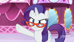 Size: 1600x900 | Tagged: safe, screencap, character:rarity, episode:a-dressing memories, 9now, boutique, curtains, mirror, rarity's glasses, solo
