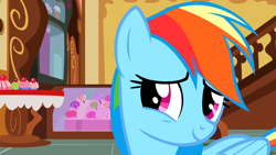 Size: 1280x720 | Tagged: safe, screencap, character:rainbow dash, species:pegasus, species:pony, episode:the cutie mark chronicles, g4, my little pony: friendship is magic, cute, dashabetes, female, mare, smiling, solo, sugarcube corner