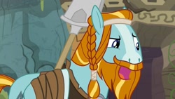 Size: 1280x720 | Tagged: safe, screencap, character:rockhoof, episode:a rockhoof and a hard place, g4, my little pony: friendship is magic, beard, braid, clothing, facial hair, male, rockhoof's shovel, shovel, solo