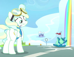 Size: 776x601 | Tagged: safe, screencap, character:sky stinger, character:vapor trail, species:pegasus, species:pony, episode:top bolt, g4, my little pony: friendship is magic, bright, concerned, crash landing, cringing, cropped, falling, female, goggles, male, mare, ouch, out of context, plot, raised hoof, runway, stallion, this is going to hurt, this will end in pain, this will end in tears
