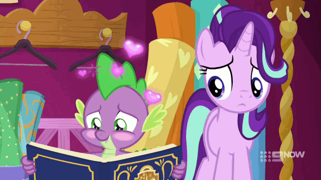 Size: 640x360 | Tagged: safe, screencap, character:spike, character:starlight glimmer, species:dragon, species:pony, species:unicorn, episode:a-dressing memories, 9now, amused, animated, blushing, claws, cute, duo, embarrassed, fantasizing, female, gif, heart, holding, holding head, implied rarity, implied shipping, implied straight, knowing, lidded eyes, looking at each other, male, mare, nine network, raised eyebrow, realization, shipping fuel, smiling, smirk, spikabetes, sweat, winged spike, worried