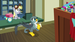 Size: 1280x720 | Tagged: safe, screencap, character:derpy hooves, character:gabby, species:griffon, species:pegasus, species:pony, episode:dragon dropped, g4, my little pony: friendship is magic, box, cash register, claws, clothing, confused, cute, duo, female, folded wings, gabbybetes, hat, looking up, mail, mare, open mouth, paws, post office, shocked, talons, uniform