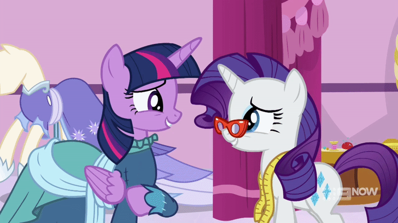 Size: 800x450 | Tagged: safe, screencap, character:rarity, character:twilight sparkle, character:twilight sparkle (alicorn), species:alicorn, species:pony, species:unicorn, episode:a-dressing memories, animated, carousel boutique, clothing, coronation dress, dress, duo, eyes closed, fashion, gif, glasses, glasses rarity, hug, mannequin, measuring tape, smiling, wings