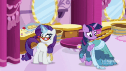 Size: 1920x1080 | Tagged: safe, screencap, character:rarity, character:twilight sparkle, character:twilight sparkle (alicorn), species:alicorn, species:pony, species:unicorn, episode:a-dressing memories, 9now, animated, carousel boutique, clothing, coronation dress, dress, fashion, glasses, glasses rarity, laughing, magic, magic aura, mannequin, measuring tape, pin, rarity being rarity, scissors, shocked, sound, sunburst background, surprised, talking, telekinesis, webm, what the hay?, wings