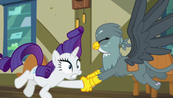 Size: 1920x1080 | Tagged: safe, screencap, character:gabby, character:rarity, species:griffon, species:pony, species:unicorn, episode:dragon dropped, g4, my little pony: friendship is magic, female, mare, post office