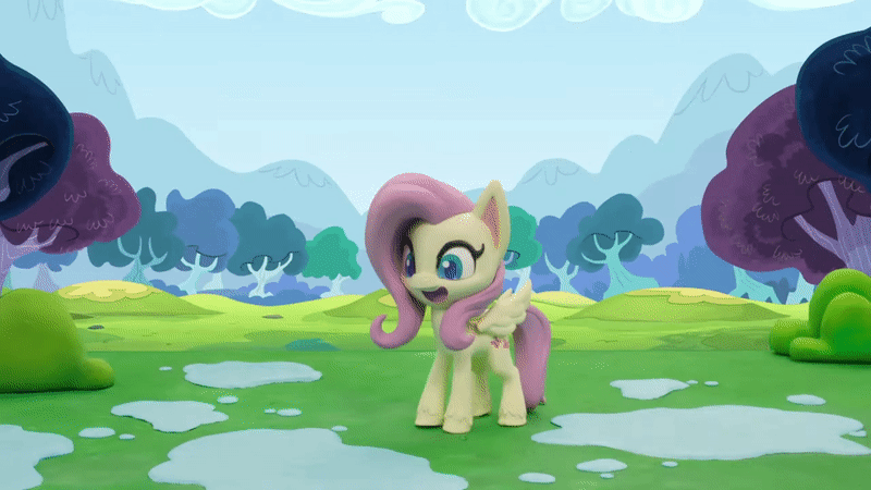 Size: 800x450 | Tagged: safe, screencap, character:fluttershy, species:pegasus, species:pony, g4.5, my little pony: stop motion short, my little pony:pony life, animated, behaving like a dog, cute, eyes closed, gif, puddle, rainy day puddle play, shyabetes, solo, stop motion, water, wet, wet-dog shake, wings