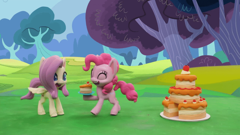 Size: 800x450 | Tagged: safe, screencap, character:fluttershy, character:pinkie pie, species:earth pony, species:pegasus, species:pony, g4.5, my little pony: stop motion short, my little pony:pony life, animated, cake, desert, food, food on face, gif, knocked silly, mess, pre sneeze, rainy day puddle play, sneezing, stop motion, whoops, wings