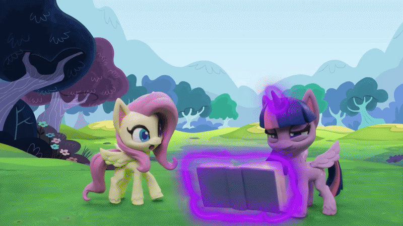Size: 800x450 | Tagged: safe, screencap, character:fluttershy, character:twilight sparkle, character:twilight sparkle (alicorn), species:alicorn, species:pegasus, species:pony, g4.5, my little pony: stop motion short, my little pony:pony life, animated, book, eyes closed, gif, grass, knocked silly, levitation, magic, magic aura, outdoors, page, pre sneeze, rainy day puddle play, reading, sneezing, stop motion, telekinesis, tree, twilight is not amused, unamused, wings