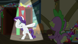 Size: 1920x1080 | Tagged: safe, screencap, character:rarity, character:spike, species:dragon, species:pony, species:unicorn, episode:dragon dropped, g4, my little pony: friendship is magic, comic book, female, food, gem, ice cream, mare, post office, spotlight, winged spike