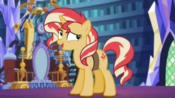 Size: 1280x720 | Tagged: safe, screencap, character:sunset shimmer, species:pony, species:unicorn, equestria girls:mirror magic, g4, my little pony:equestria girls, awkward smile, bag, bookshelf, cute, embarrassed, equestria girls specials, female, looking at someone, mare, raised eyebrow, returning, shimmerbetes, solo, talking, twilight's castle