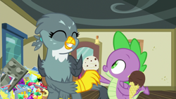 Size: 1920x1080 | Tagged: safe, screencap, character:gabby, character:spike, species:dragon, species:griffon, episode:dragon dropped, g4, my little pony: friendship is magic, comic book, duo, female, food, gem, ice cream, ice cream cone, male, post office, winged spike