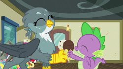 Size: 1920x1080 | Tagged: safe, screencap, character:gabby, character:spike, species:dragon, episode:dragon dropped, g4, my little pony: friendship is magic, comic book, duo, eyes closed, female, food, gem, ice cream, ice cream cone, male, post office, winged spike