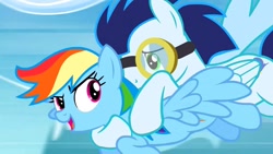 Size: 1280x720 | Tagged: safe, screencap, character:rainbow dash, character:soarin', species:pegasus, species:pony, episode:rainbow falls, g4, my little pony: friendship is magic, female, flying, goggles, male, stallion