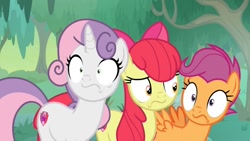 Size: 1280x720 | Tagged: safe, screencap, character:apple bloom, character:scootaloo, character:sweetie belle, species:pegasus, species:pony, episode:growing up is hard to do, g4, my little pony: friendship is magic, cutie mark crusaders, female, growing up, older, older apple bloom, older cmc, older scootaloo, older sweetie belle, scared, shrunken pupils, wavy mouth
