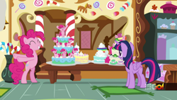 Size: 1280x720 | Tagged: safe, screencap, character:pinkie pie, character:twilight sparkle, character:twilight sparkle (alicorn), species:alicorn, species:earth pony, species:pony, episode:cakes for the memories, 9go, australia, bipedal, cake, food, frog, happy, smiling, table