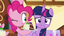 Size: 1280x720 | Tagged: safe, screencap, character:pinkie pie, character:twilight sparkle, character:twilight sparkle (alicorn), species:alicorn, species:earth pony, species:pony, episode:cakes for the memories, 9go, cake, food, looking at someone, one eye closed, pinkie being pinkie, pinkie physics, plate, pouty lips, sugarcube corner, worried