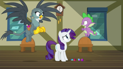 Size: 1920x1080 | Tagged: safe, screencap, character:gabby, character:rarity, character:spike, species:dragon, species:griffon, species:pony, species:unicorn, episode:dragon dropped, g4, my little pony: friendship is magic, clock, female, flying, gem, mare, post office, trio, winged spike