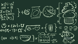 Size: 1600x900 | Tagged: safe, screencap, episode:cakes for the memories, apple, arrows, chalkboard, complicated math, cookie, diagram, division, drawing, fancy mathematics, food, formula, heart, infinity, math, omega, pi, square root, watermark