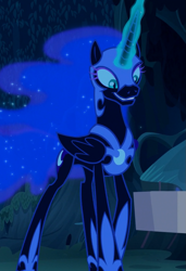 Size: 731x1069 | Tagged: safe, screencap, character:nightmare moon, character:princess luna, species:alicorn, species:pony, episode:the cutie re-mark, cropped, ethereal mane, female, glowing horn, horn, long legs, looking down, mare, night, smiling