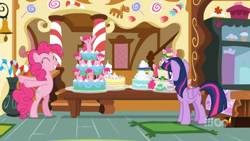 Size: 1600x900 | Tagged: safe, screencap, character:pinkie pie, character:twilight sparkle, character:twilight sparkle (alicorn), species:alicorn, species:pony, episode:cakes for the memories, bipedal, cake, candy, candy cane, dessert, food, logo, standing, sugarcube corner, table, vase, watermark