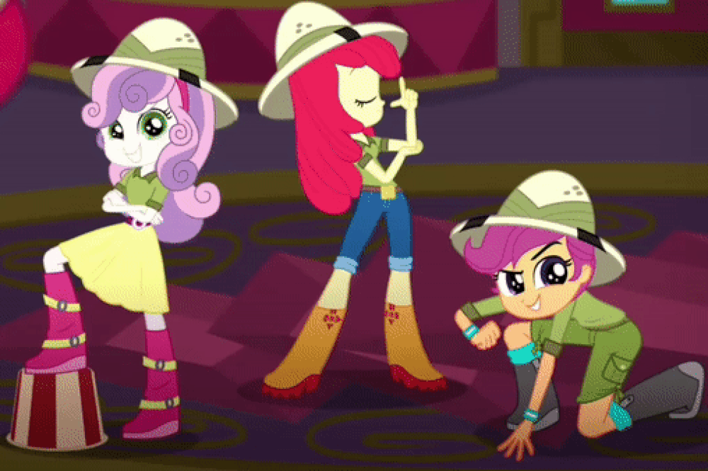 Size: 1000x665 | Tagged: safe, screencap, character:apple bloom, character:scootaloo, character:sweetie belle, species:pegasus, species:pony, episode:the canterlot movie club, eqg summertime shorts, g4, my little pony:equestria girls, animated, boots, clothing, cropped, cutie mark crusaders, gif, hat, jeans, pants, shirt, shoes, shorts, skirt
