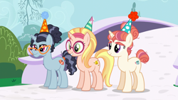 Size: 1920x1080 | Tagged: safe, screencap, character:booksmart, character:honey lemon, character:morning roast, species:pony, species:unicorn, episode:amending fences, g4, my little pony: friendship is magic, big hero 6, clothing, eyebrows, glasses, hat, lidded eyes, party hat, raised hoof, smiling