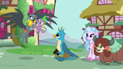 Size: 1920x1080 | Tagged: safe, screencap, character:gabby, character:gallus, character:silverstream, character:spike, character:yona, species:dragon, species:griffon, species:hippogriff, species:yak, episode:dragon dropped, g4, my little pony: friendship is magic, bag, camera, cute, diastreamies, gabbybetes, gallabetes, saddle bag, smiling, squishy cheeks, winged spike, yonadorable