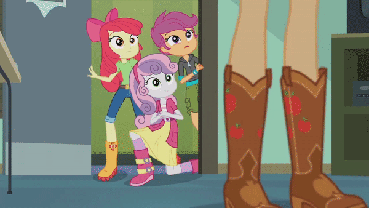 Size: 1200x676 | Tagged: safe, screencap, character:apple bloom, character:applejack, character:scootaloo, character:sweetie belle, species:pegasus, species:pony, episode:happily ever after party, g4, my little pony:equestria girls, animated, apple bloom's bow, boots, bow, box, chair, clothing, cowboy boots, cutie mark crusaders, desk, door, gif, hair bow, happily ever after party: applejack, hoodie, jacket, jeans, lantern, pants, projector, shoes, shorts, skirt, sneaking
