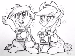 Size: 2970x2237 | Tagged: safe, artist:whitediamonds, character:applejack, character:rainbow dash, species:earth pony, species:pegasus, species:pony, ship:appledash, bemused, commission, drinking, drunk, drunk aj, drunk bubbles, drunker dash, female, lesbian, monochrome, pencil drawing, shipping, traditional art