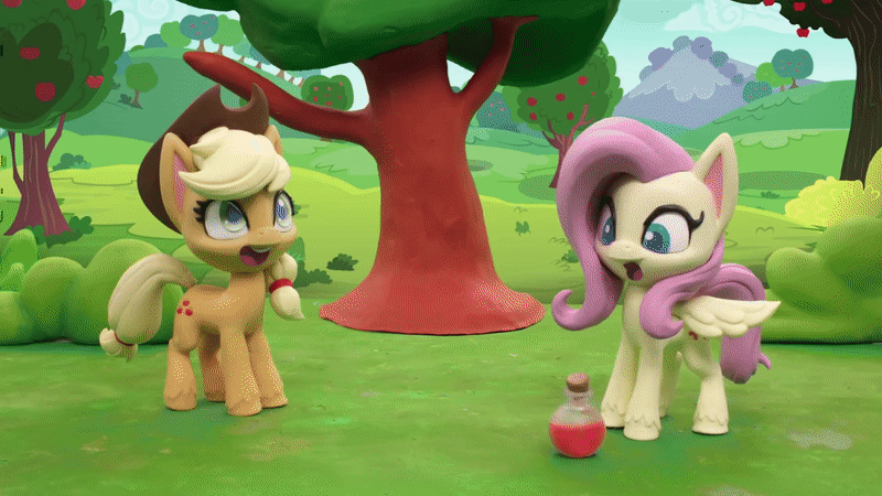 Size: 800x450 | Tagged: safe, screencap, character:applejack, character:fluttershy, species:earth pony, species:pegasus, species:pony, g4.5, my little pony: stop motion short, my little pony:pony life, animated, apple, apple tree, applejack's hat, butterfly, clothing, cowboy hat, fluttershy's hiccups, food, gif, growth spell, hat, hiccup, laughing, magic, outdoors, potion, stop motion, tree