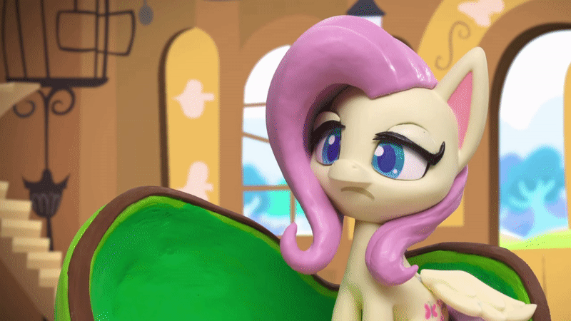 Size: 800x450 | Tagged: safe, screencap, character:fluttershy, species:pegasus, species:pony, g4.5, my little pony: stop motion short, my little pony:pony life, animated, cage, chair, eyes closed, female, fluttershy's cottage (interior), fluttershy's hiccups, gif, mare, sigh, solo, stop motion, window, wings