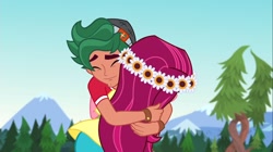 Size: 1100x618 | Tagged: safe, screencap, character:gloriosa daisy, character:timber spruce, equestria girls:legend of everfree, g4, my little pony:equestria girls, eyes closed, female, hug, male, smiling