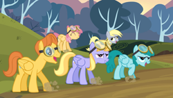 Size: 1920x1080 | Tagged: safe, screencap, character:cloud kicker, character:derpy hooves, character:dizzy twister, character:orange swirl, character:spring melody, character:sprinkle medley, species:pegasus, species:pony, episode:hurricane fluttershy, g4, my little pony: friendship is magic, background pony, female, goggles, male, mare, stallion, stomping, warm front