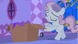 Size: 1280x720 | Tagged: safe, screencap, character:sweetie belle, species:pony, species:unicorn, episode:for whom the sweetie belle toils, bipedal, box, evil planning in progress, eyes closed, female, filly, foal, lights out, mouth hold, multicolored hair, night, pleased, rarity's bedroom, revenge, sabotage, sin of envy, smiling, solo, thread