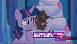 Size: 1432x812 | Tagged: safe, screencap, character:twilight sparkle, character:twilight sparkle (alicorn), species:alicorn, species:pony, episode:cakes for the memories, cake, food, solo