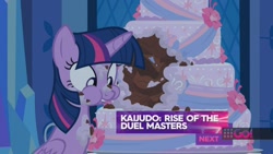 Size: 1434x810 | Tagged: safe, screencap, character:twilight sparkle, character:twilight sparkle (alicorn), species:alicorn, species:pony, episode:cakes for the memories, cake, food, solo