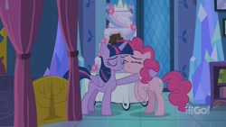 Size: 1436x808 | Tagged: safe, screencap, character:pinkie pie, character:twilight sparkle, character:twilight sparkle (alicorn), species:alicorn, species:earth pony, species:pony, episode:cakes for the memories, bed, bipedal, hug, smiling