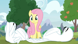 Size: 1280x720 | Tagged: safe, screencap, character:fluttershy, species:bird, species:pegasus, species:pony, episode:memnagerie, apple, apple tree, eyes closed, female, frown, lazy, mare, raised eyebrow, solo, swan, tree, worried