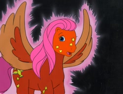 Size: 1010x772 | Tagged: safe, screencap, character:bright glow, species:pegasus, species:pony, g1, my little pony tales, animation cel, female, flying, mare, open mouth, solo