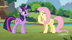 Size: 496x279 | Tagged: safe, screencap, character:fluttershy, character:twilight sparkle, character:twilight sparkle (alicorn), species:alicorn, species:pony, episode:memnagerie, duo, eyes closed, hoof on face