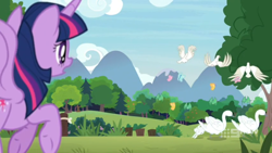 Size: 1600x900 | Tagged: safe, screencap, character:twilight sparkle, character:twilight sparkle (alicorn), species:alicorn, species:bird, species:pony, episode:memnagerie, 9now, butterfly, dove, flying, forest, mountain, outdoors, sad, swan, walking away, watermark