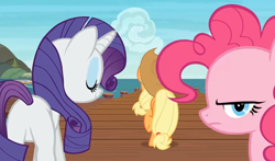 Size: 1832x1079 | Tagged: safe, screencap, character:applejack, character:pinkie pie, character:rarity, species:earth pony, species:pony, species:unicorn, episode:p.p.o.v. (pony point of view), g4, my little pony: friendship is magic, angry, butt, female, mare, ocean, pier, plot