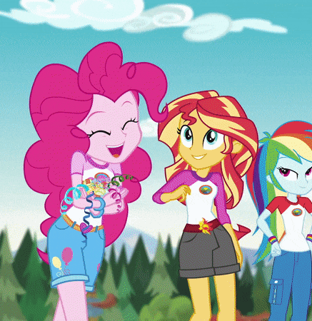 Size: 437x450 | Tagged: safe, screencap, character:pinkie pie, character:rainbow dash, character:sunset shimmer, equestria girls:legend of everfree, g4, my little pony:equestria girls, animated, confetti, cropped, cute, diapinkes, throwing