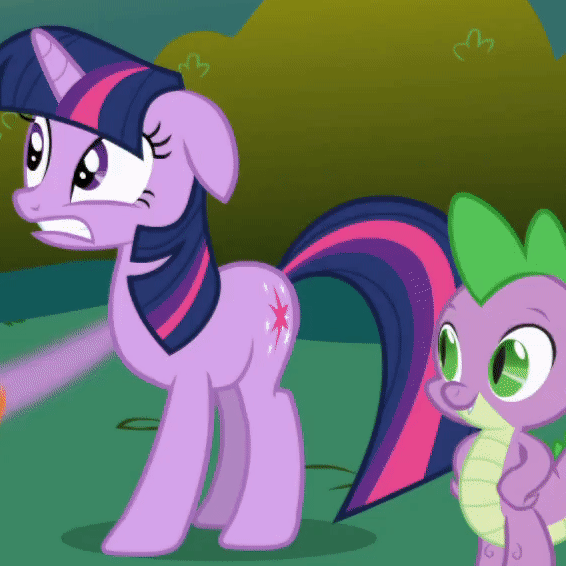 Size: 566x566 | Tagged: safe, screencap, character:applejack, character:spike, character:twilight sparkle, character:twilight sparkle (unicorn), species:dragon, species:earth pony, species:pony, species:unicorn, derpibooru, episode:friendship is magic, g4, my little pony: friendship is magic, animated, cropped, duo focus, gif, hoofshake, juxtaposition, meta, offscreen character