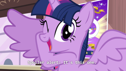 Size: 1108x619 | Tagged: safe, screencap, character:twilight sparkle, character:twilight sparkle (alicorn), species:alicorn, species:pony, episode:three's a crowd, g4, my little pony: friendship is magic, breaking the fourth wall, funny, one eye closed, spoiler alert, wink