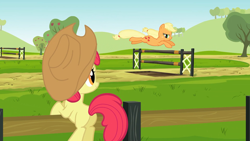 Size: 1920x1080 | Tagged: safe, screencap, character:apple bloom, character:applejack, species:earth pony, species:pony, episode:the last roundup, g4, my little pony: friendship is magic, applejack's hat, clothing, cowboy hat, fence, hat, obstacle course