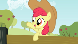 Size: 1920x1080 | Tagged: safe, screencap, character:apple bloom, species:earth pony, species:pony, episode:the last roundup, g4, my little pony: friendship is magic, adorabloom, applejack's hat, clothing, cowboy hat, cute, hat, solo
