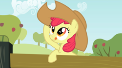 Size: 1920x1080 | Tagged: safe, screencap, character:apple bloom, species:earth pony, species:pony, episode:the last roundup, g4, my little pony: friendship is magic, adorabloom, applejack's hat, clothing, cowboy hat, cute, hat, solo, tongue out