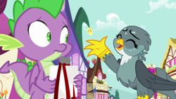 Size: 1920x1080 | Tagged: safe, screencap, character:gabby, character:spike, species:dragon, species:griffon, episode:dragon dropped, g4, my little pony: friendship is magic, confused, female, happy, male, ponyville, raised claw