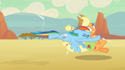 Size: 1920x1080 | Tagged: safe, screencap, character:applejack, character:rainbow dash, species:earth pony, species:pegasus, species:pony, episode:the last roundup, g4, my little pony: friendship is magic, collision, great moments in animation